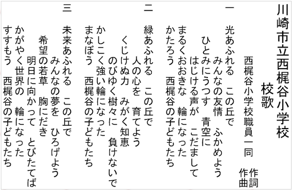 川崎市立西梶ヶ谷小学校 校歌